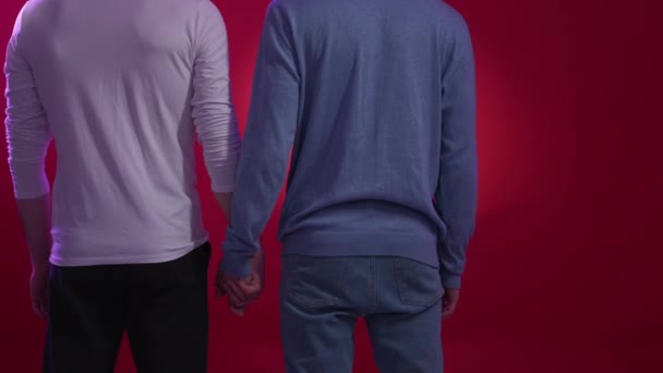 ゲイ関係だ カジュアルな男 愛の受容 認識できない二人の男保持手と抱擁一緒にポーズネオン赤紫の背景ビュー — ストック動画
