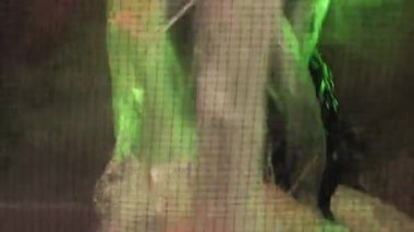 Kavramsal sanat. Kirliliği durdurun. Plastik yeniden kullanım. Kadın şeffaf polietilen filminin neon ışıklı yeşil arka plan dumanından arınmasını erteliyor.