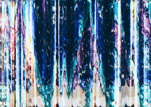 Distortion noise. Glitch art. Frequency error. Purple blue white iridescent color artifacts on black illustration abstract background.