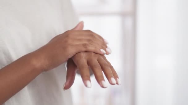 Hand Care Skin Moisturizing Nourishing Treatment Unrecognizable Woman Applying Cream — Wideo stockowe