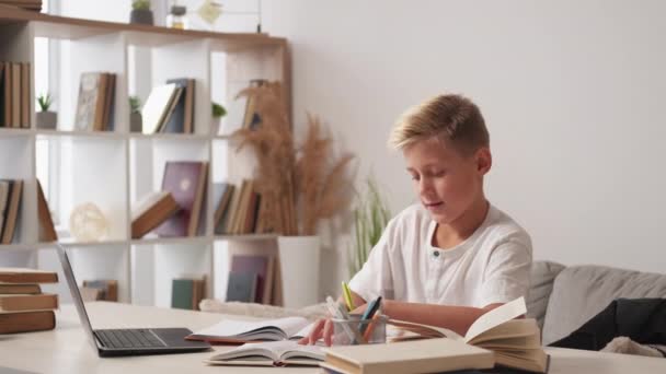 Homework Inspiration Casual Boy Home Education Smiling Teenager Kid Studying — Vídeos de Stock