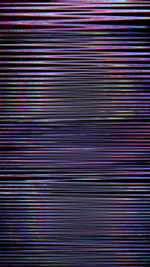 Glitch texture. Static distortion. Digital artifacts. Purple pink yellow color lines noise on dark black illustration abstract background.