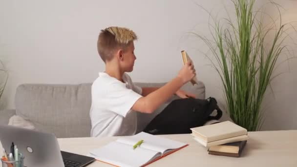 Homework Finish Teenager Boy Preparing School Concentrated Casual Male Kid — Stock Video