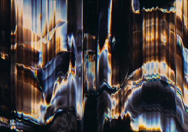 Glitch overlay. Screen distortion. Distressed texture. Blue orange color glow artifacts dust scratches noise on dark black illustration abstract background.