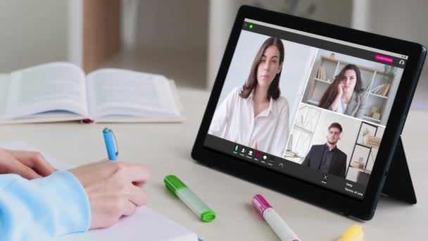Business Webinar Group Video Call Remote Training Students Taking Notes — Stockvideo