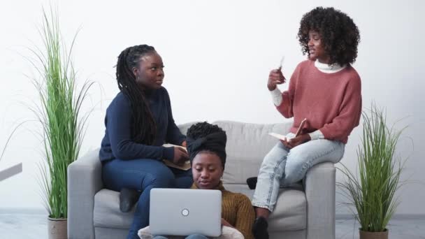 Edukacja Domowa Przyjaciółki Przygotowuję Egzamin Inspirujące Czarne Kobiety Rozmawiające Kanapie — Wideo stockowe