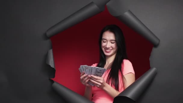 Большие Деньги Богатая Женщина Чувствую Себя Успешным Счастливая Женщина Выражает — стоковое видео