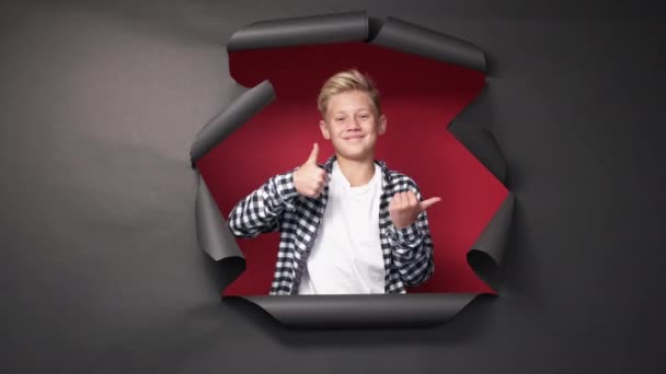 Gesture Happy Teenager Boy Video Shooting Smiling School Kid Showing — Stock videók