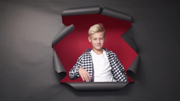 Teenager Confidence Stylish Look Video Shooting Smiling Attractive Schoolboy Posing — Stock videók