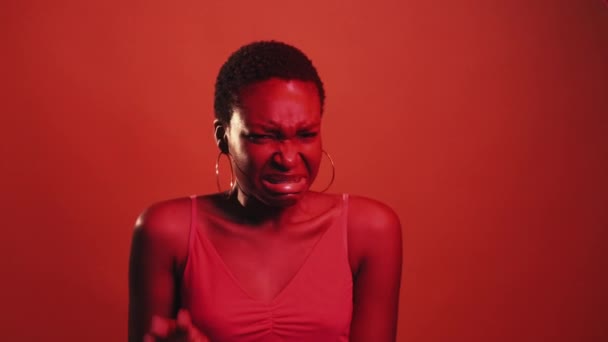 Disgust Expression Refusal Awful Gross Red Neon Color Light Displeased — Stockvideo