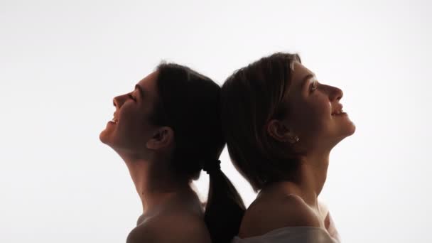Tranquil Happiness Female Friends Silhouette Profile Portrait Smiling Inspired Women — Vídeo de stock