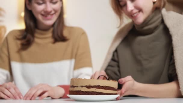 Delicious Cake Female Cheat Meal Happy Weekend Defocused Happy Women — Vídeo de stock