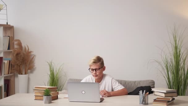 Online Education Smart Boy Home Conference Smiling Teenager Kid Spectacles — Vídeo de Stock