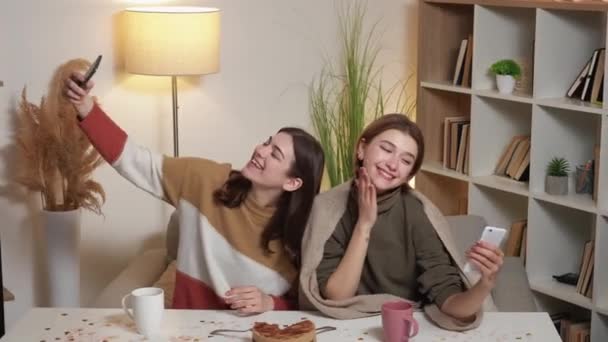 Network Selfie Female Friends Home Party Happy Women Having Fun — Video Stock