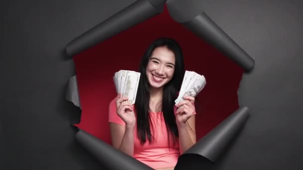 Dinero Alegría Mujer Emocionada Los Sentimientos Riqueza Mujer Sonriente Expresando — Vídeo de stock
