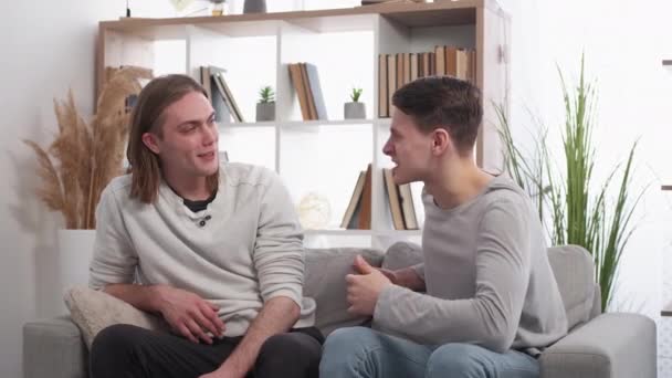 Expressive Discussion Inspired Men Friends Support Happy Casual Males Talking — Stock Video