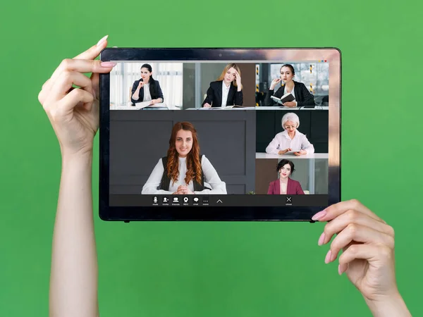 Conversa Vídeo Reunião Negócios Teletrabalho Corporativo Equipe Feminina Profissional Discutindo — Fotografia de Stock