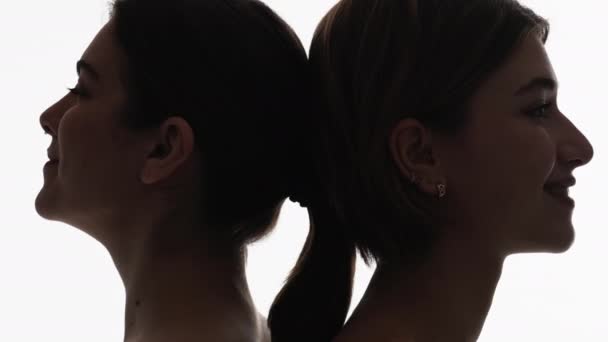 Close Relationship Happy Women Silhouette Portrait Smiling Profile Female Staying — 图库视频影像