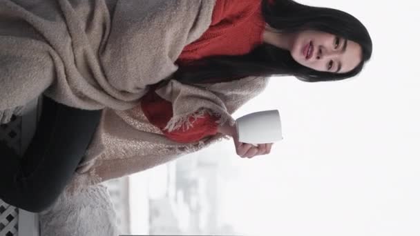 Vertical Video Morning Coffee Relaxed Woman Enjoying Moment Happy Female — Wideo stockowe