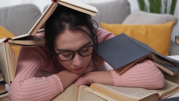 Exhausted Education Sleeping Woman Hard Morning Tired Female Student Waking — Stock video