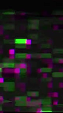 Vertical video. Glitch noise analog distortion. Frequency error. Purple green color grain texture real static pixel artifacts on dark black abstract background.