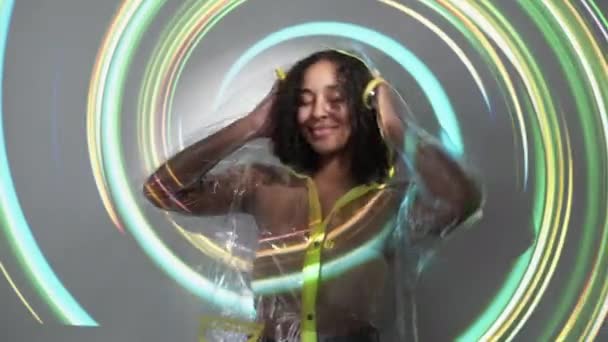 Disco Magic Double Exposure Light Happy Woman Joyful Female Transaprent — Stockvideo