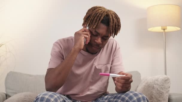 Unwanted Pregnancy Depressed Man Mobile Call Sad Black Guy Talking — 图库视频影像