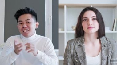 Video meeting. Online conference. Virtual negotiation. Diverse confident business partners discussing cooperation at virtual office.