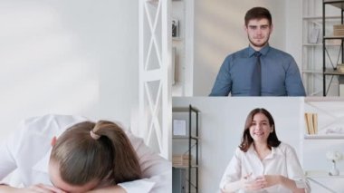 Video meeting. Professional support. Online conference. Good job. Proud business team greeting colleague with success at virtual office.