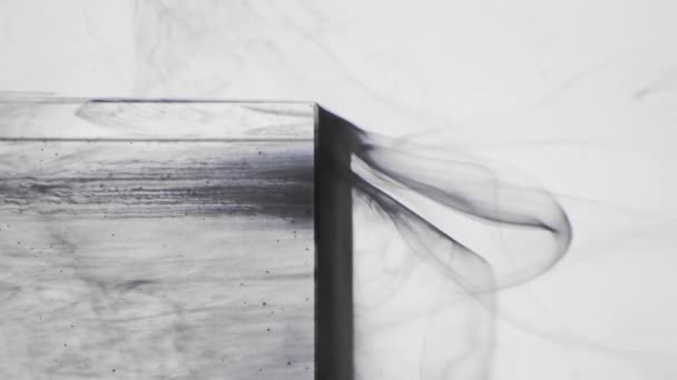 垂直ビデオ 蒸気が浮く インクの水 煙の流れ 白い抽象的な背景に透明な氷の立方体の角度の上の黒い煙の動き — ストック動画