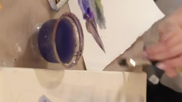 Vertical Video Watercolor Painting Art Process Creative Occupation Closeup Female — Vídeo de stock