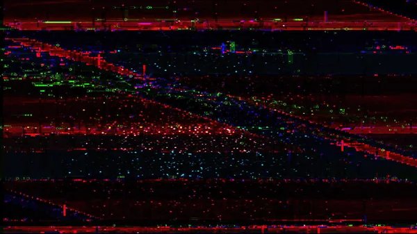 Pixel故障导致电子失真 网络干扰 暗黑色抽象图解背景下的模糊霓虹灯红蓝色纹理噪声数字伪影 — 图库照片