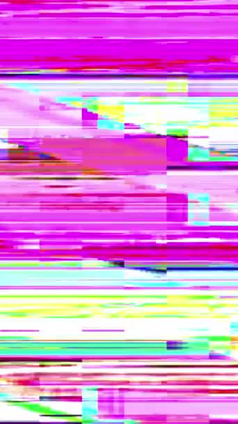 垂直ビデオ ピクセルノイズ8ビットグリッチ コンピュータウイルスだ ピンクシアン青黄色本物のアナログ歪み成果物白い抽象的な背景にちらつきの動き — ストック動画