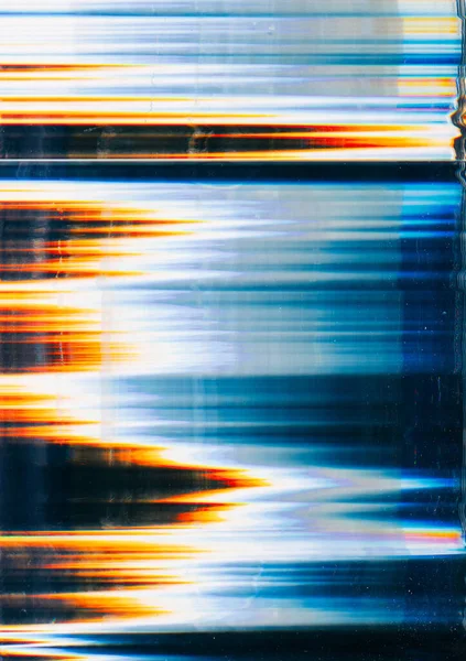 Glitch texture. Analog distortion. Blockchain technology. Blue orange white color electronic artifacts noise on black illustration abstract background.