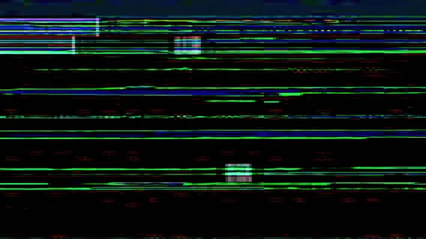 グリッチ歪み デジタル人工物 コンピュータウイルスだ 緑青赤線暗黒抽象図上のノイズ信号干渉背景 — ストック写真