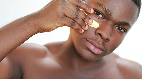 Hydrogel Patches Facial Skincare Moisturizing Mask Closeup Confident Man Applying — Stock Photo, Image