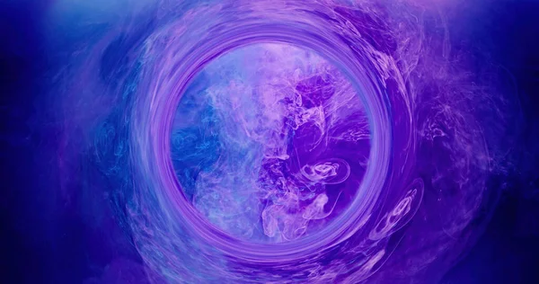Smoke frame. Mist texture. Paint water swirl. Dimension portal. Purple blue color fog circle cloud vortex abstract art background with copy space.