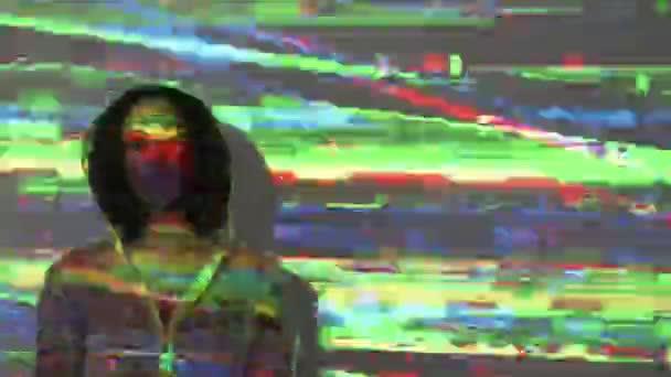 Mujer Glitch Distorsión Digital Retrato Doble Exposición Calma Hembra Impermeable — Vídeo de stock