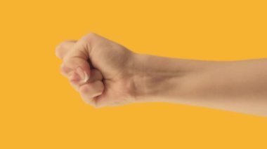 Dikey video. Kapıyı çal. Özgürlük hakları. İsyan hareketi. Turuncu serbest arkaplan döngüsünde kadın yumruğu protesto hareketi.