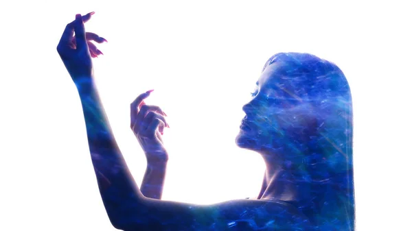 Spiritual Enlightenment Soul Healing Double Exposure Defocused Blue Color Glow — Stock Photo, Image