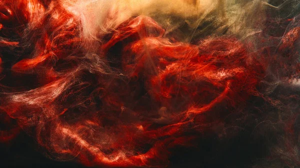 水を塗れ 煙が出る 水中爆発だ 濃い黒の抽象アートの背景に赤い金色の輝く輝きの流体スプラッシュ蒸気雲 — ストック写真