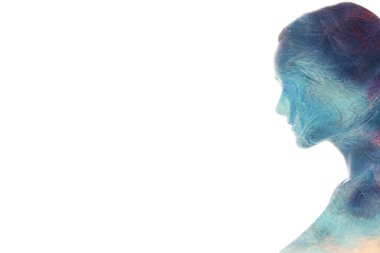 Spiritual aura. Enlightenment energy. Double exposure blue purple color glowing mist peaceful woman face profile silhouette on white empty space background. clipart