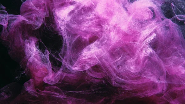 Glitter mist. Paint water splash. Magic spell. Bright pink purple color shiny smoke veil wave on black abstract art background with free space.