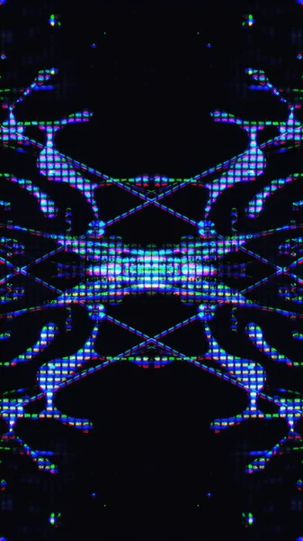 Glitch design. Digital art. Electronic fractal. Fluorescent purple blue color light liquid crystal pixel artifacts symmetrical pattern on dark black abstract illustration background.