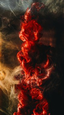 Paint drop. Ink water. Vapor cloud. Underwater explosion. Red color fluid blaze golden shiny dust haze on dark black abstract art background. clipart