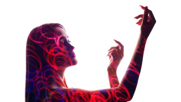 Hand Dansen Neon Schoonheid Dubbele Belichting Fluorescerend Roze Rood Blauw — Stockfoto