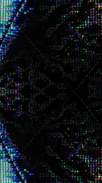 数字模式 Glitch像素 液晶显示器失真 深黑色抽象图解背景上荧光蓝色粉红发光液晶噪声点纹理 — 图库照片