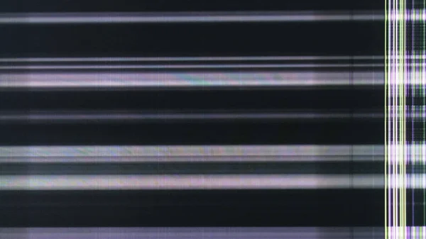 Computer glitch digital noise. System damage. Purple green black color grain lines static distortion on dark abstract illustration background.