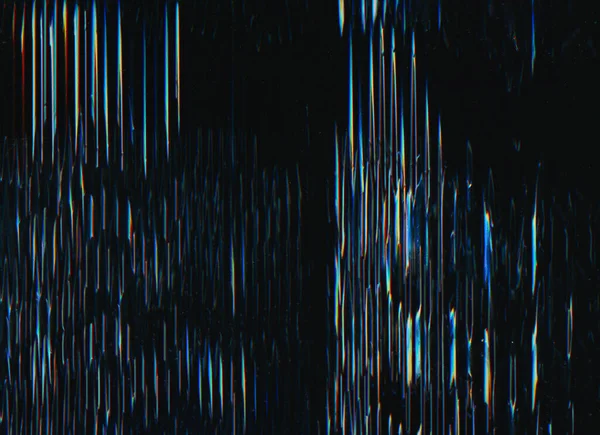 Glitch screen. Distortion texture. Analog noise. Orange blue color error artifacts dust scratches on dark black illustration abstract background.