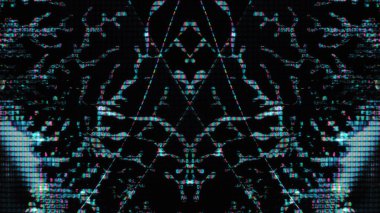 Arıza sanatı. Dijital fraktal. Bozulma süsü. Yanardöner mavi renk sıvı kristal simetrik pikselin sesi koyu siyah soyut resimleme arka planında parlıyor.